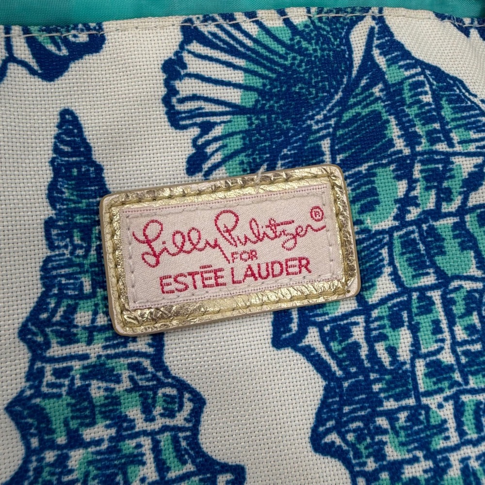 Lilly Pulitzer Estee Lauder Tote Bag Blue Teal White Shells Womens Large Canvas - Picture 4 of 6